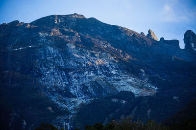 Low angle view of rocky mountains against sky