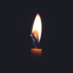 Close-up of burning candle against black background