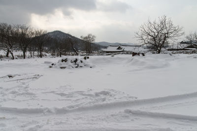 Scenic view of snow covered landscape against sky