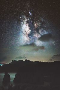 Scenic view of silhouette mountain against sky at night