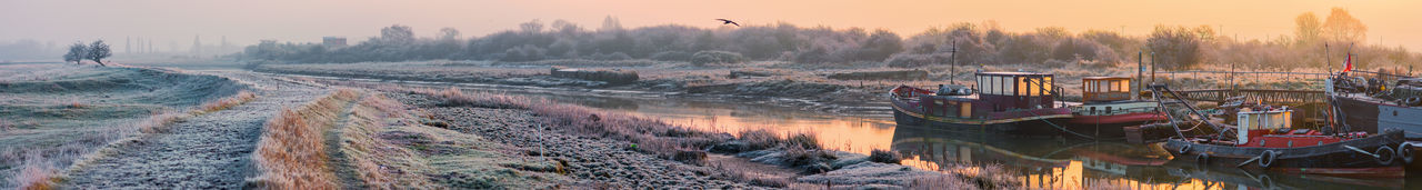 Panoramic shot of feost on fields along the creek near faversham during a early winter morning 