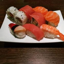 Close-up of sushi served on table