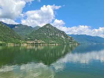 Scenic view of lake and mountains against sky