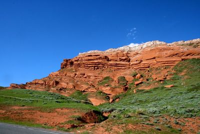 Rock formations on landscape against clear blue sky