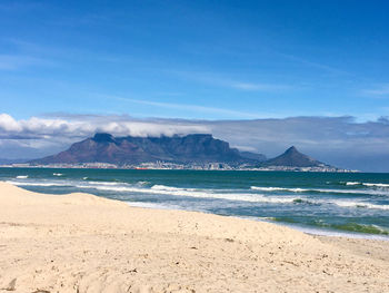 Scenic view of beach against blue sky