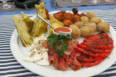 High angle view of food in plate on table