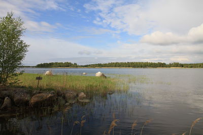 Scenic view of lake against cloudy sky