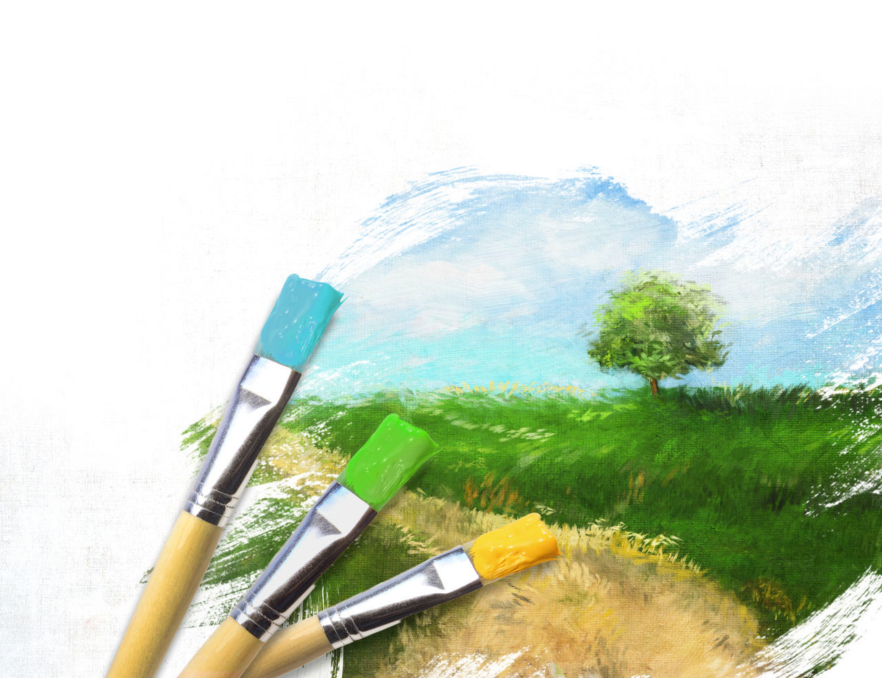 brush, paintbrush, painting, paint, no people, watercolor paint, creativity, nature, drawing, green, office supplies, plant, copy space, indoors, sketch, white background, still life, grass, palette