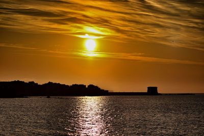 Scenic view of sea against romantic sky at sunset