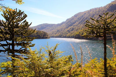 Scenic view of lake and mountains against sky