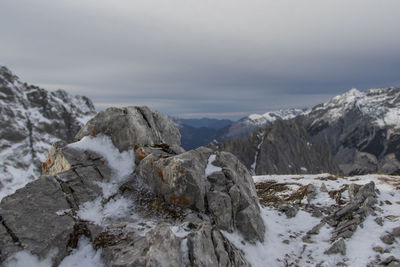 Scenic view of mountains against sky during winter