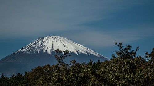 Full frame scenic view of snow capped mountain against blue sky with clouds