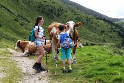 Siblings standing by cattle on mountain