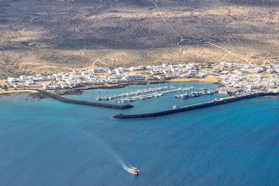 High angle view of boats in sea