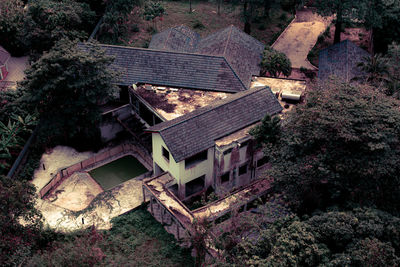 High angle view of old buildings in town