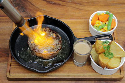 High angle view of food served on table