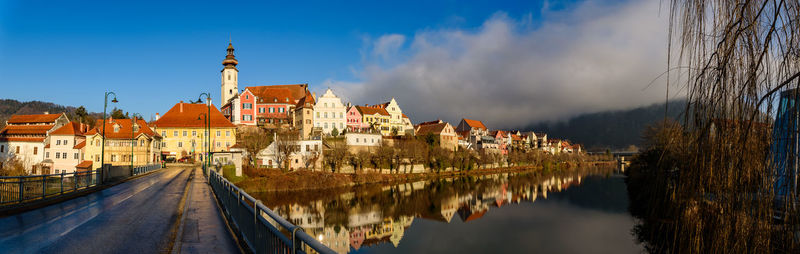 Panoramic view of buildings against cloudy sky