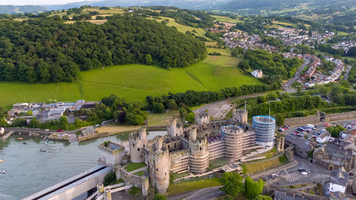 High angle view of river amidst buildings in city