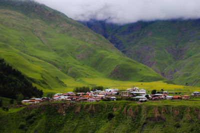 Houses on field by mountains