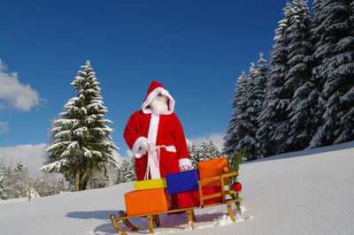 Man in costume with gifts standing on snow against sky