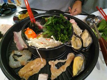 High angle view of soup in bowl on table