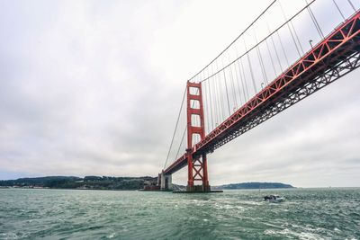 View of suspension bridge against cloudy sky