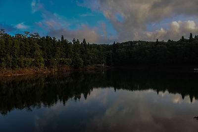 Reflection of trees in lake against sky