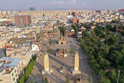 High angle shot of townscape against sky