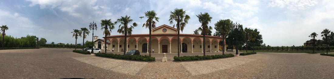 Panoramic view of palm trees and building against sky