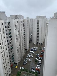 High angle view of street amidst buildings against sky