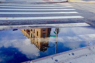 Reflection of buildings in puddle