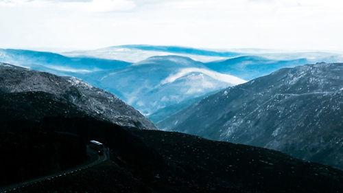 Scenic view of mountains against cloudy sky