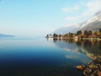 Scenic view of lake annecy against sky