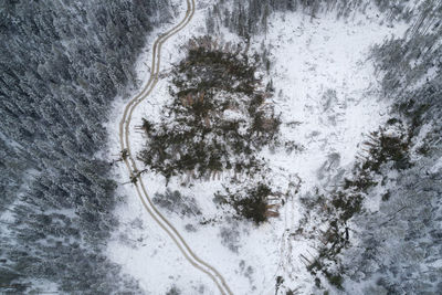 High angle view of snow covered land