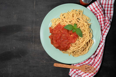 High angle view of food in plate on table