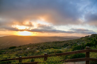 Scenic view of mountains against cloudy sky