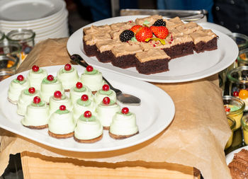 High angle view of cake in plate on table