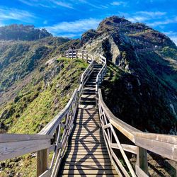 High angle view of footbridge amidst mountains against sky