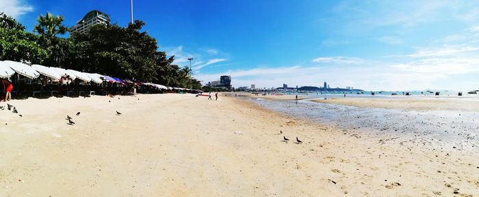 People on beach against sky