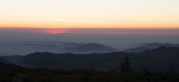 Scenic view of silhouette mountains against sky at sunset