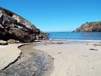 Scenic view of beach against clear blue sky