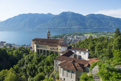 High angle view of town against mountains