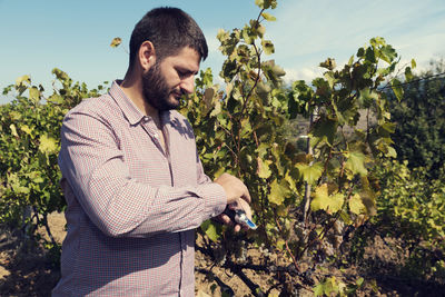 Man using refractometer while standing in vineyard against sky