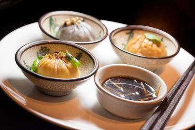 Close-up of served food on table