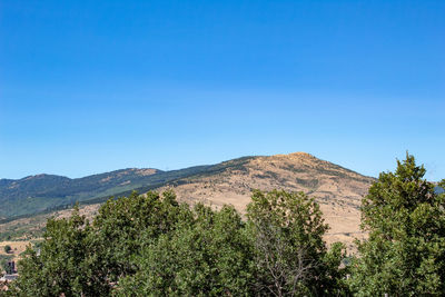 Scenic view of mountains against clear blue sky