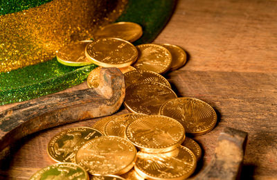 Close-up of coins on table