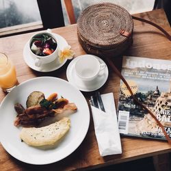 High angle view of breakfast served on table