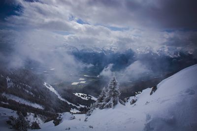 Aerial view of snowcapped mountains against sky