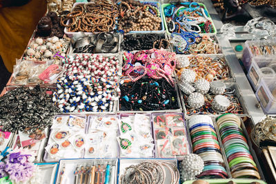 High angle view of jewelries for sale in store