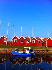 Boats in river with buildings in background